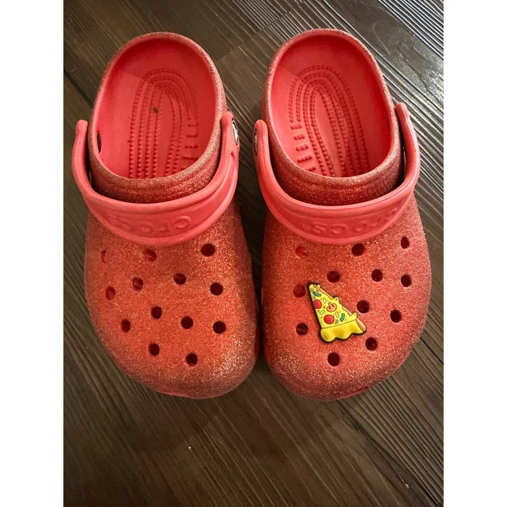 Crocs Kids Classic Glitter Clog Red Sparkle Shoes J2 Pizza Jibbitz Charm